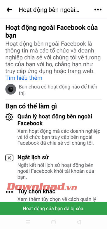 Tính năng theo dõi hoạt động bên ngoài Facebook đã tắt