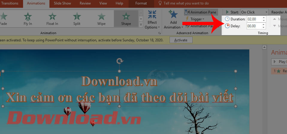 Điều thời gian hiển thị và độ trễ của hiệu ứng