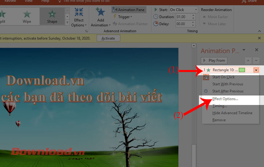 Nhấn vào mục Efec Options