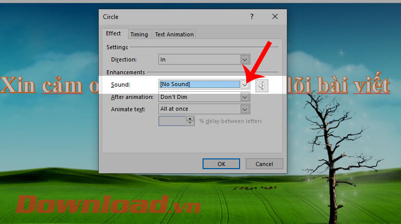 Nhấn vào mũi tên đi xuống tại mục Sound