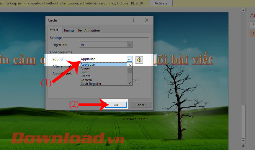 Chọn mục Applause và ấn nút OK