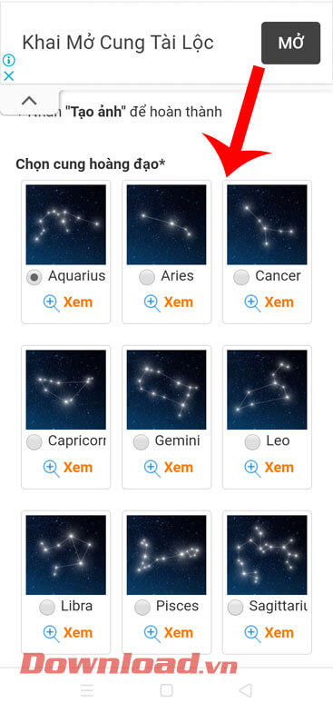 Chọn biểu tượng cung hoàng đạo