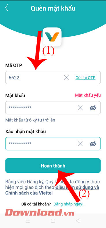 Nhập mã OTP và mật khẩu mới