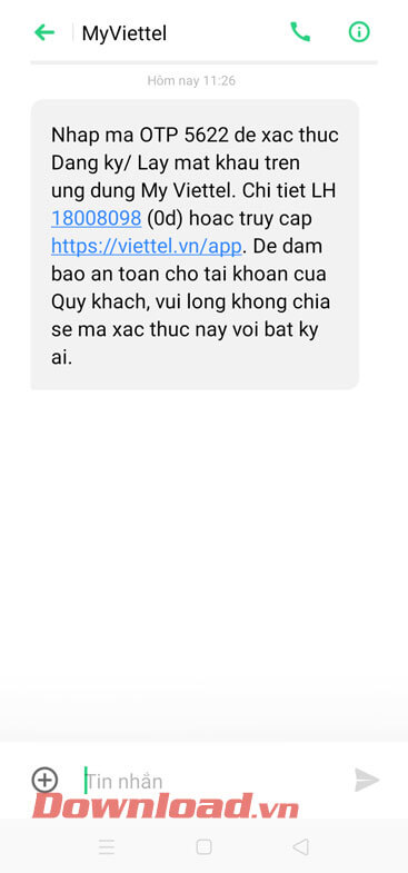 Tin nhắn gửi mã OTP