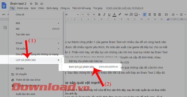 Ấn vào mục Xem lịch sử phiên bản