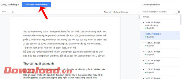 Nhấn nút Khôi phục phiên bản