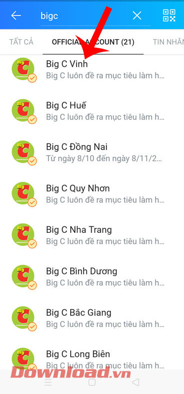 Nhấn vào siêu thị BigC ở gần mình nhất