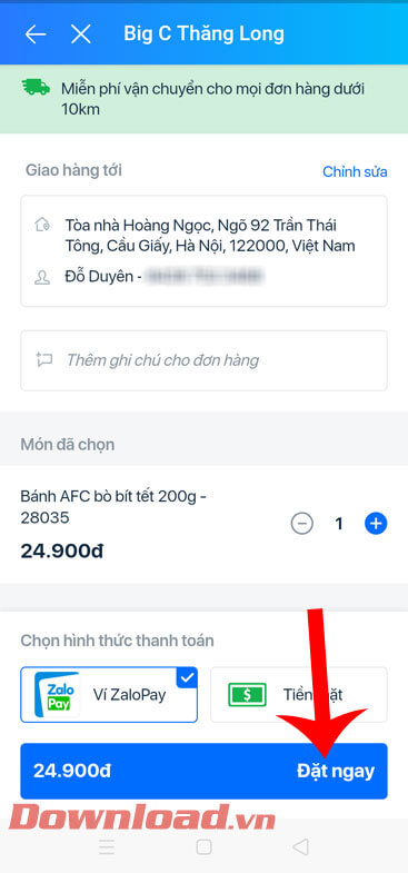 Chọn phương thức thanh toán rồi nhân nút Đặt ngay