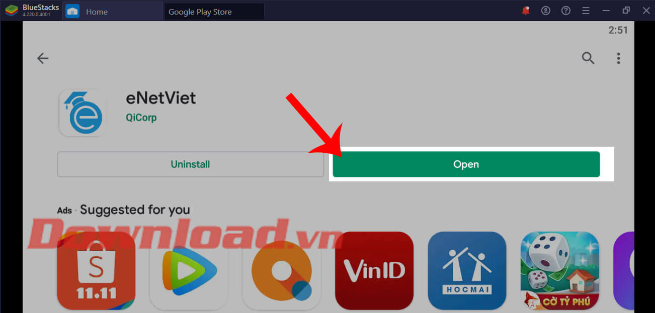 Nhấn vào nút Open