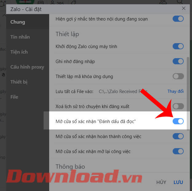 Nhấn công tắc tại mục Mở cửa số xác nhận "Đánh dấu đã đọc"