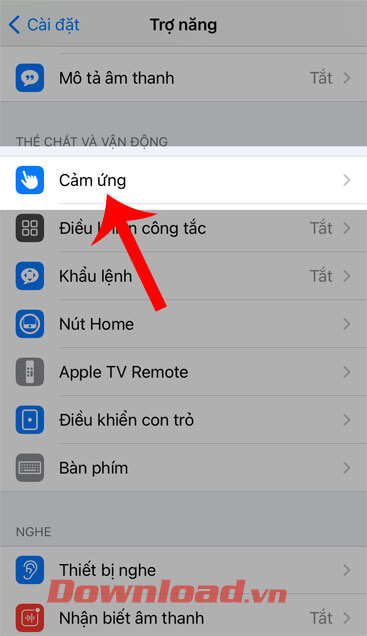 Chạm vào mục Cảm ứng