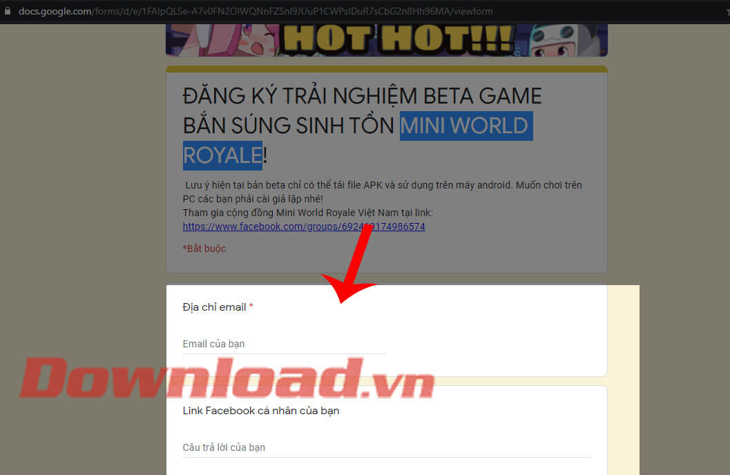 Điền địa chỉ email và link Facebook