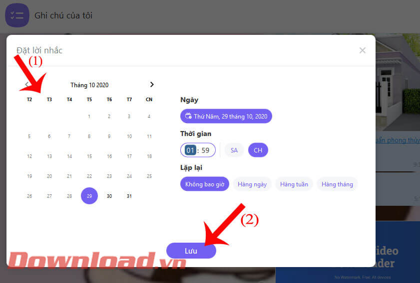 Thiết lập thời gian của lời nhắc và ấn nút Lưu
