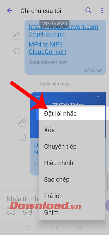 Ấn vào mục Đặt lời nhắc