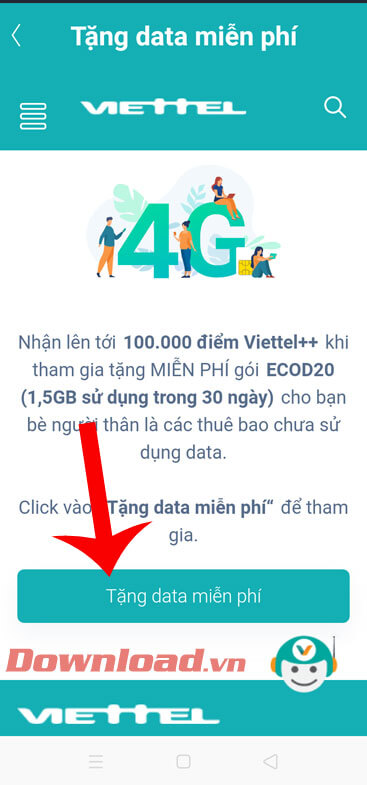 Ấn nút Tặng data miễn phí