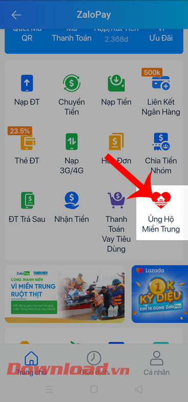 Nhấn vào mục Ủng hộ miền Trung