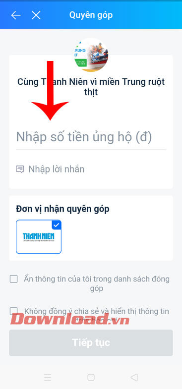 Nhập số tiền và lời nhắn 