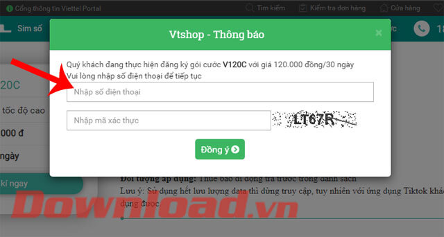 Nhập số điện thoại, mã xác nhận rồi ấn nút Đồng ý
