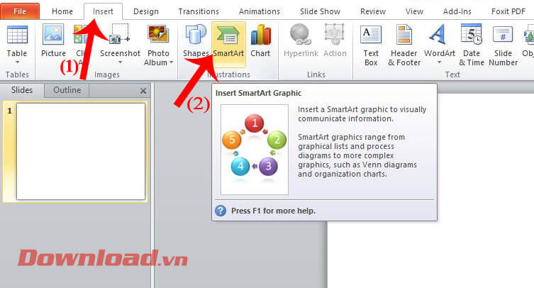 Mở mục Insert rồi nhấn vào mục SmartArt