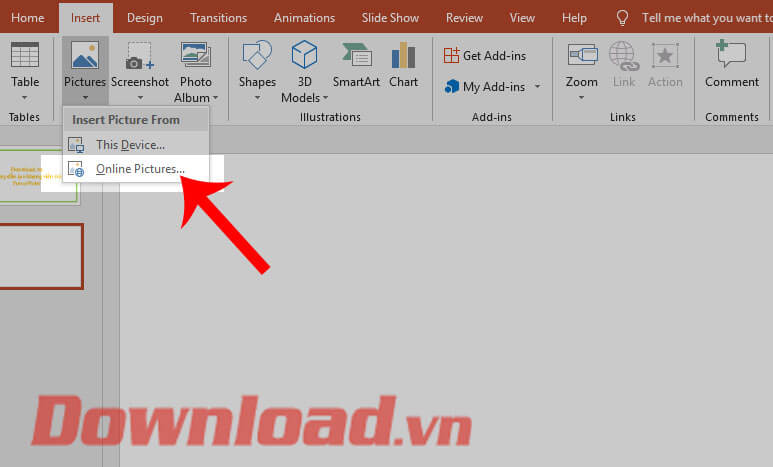 Nhấn vào mục Online Pictures