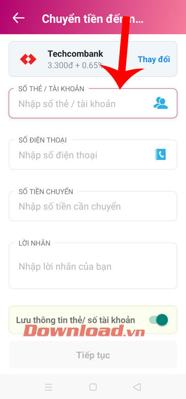Số tài khoản và số tiền cần chuyển