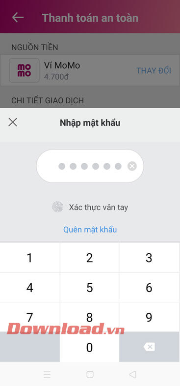 Nhập mật khẩu tài khoản MOMO