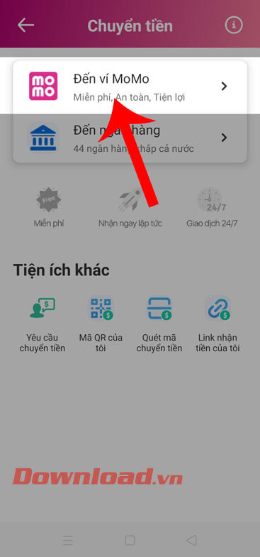 Ấn vào mục Đến ví MOMO