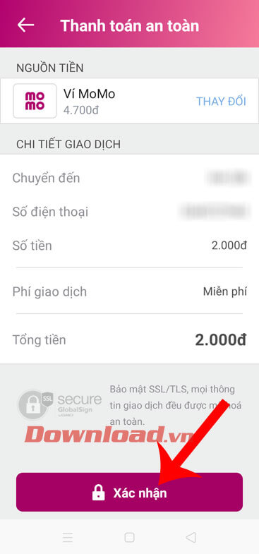 Ấn nút Xác nhận