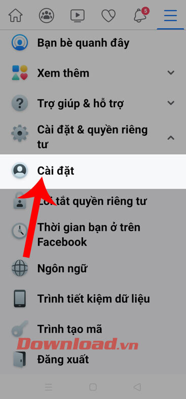 Chạm vào mục Cài đặt