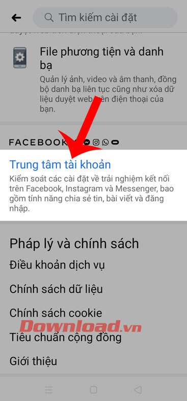Ấn vào mục Trung tâm tài khoản