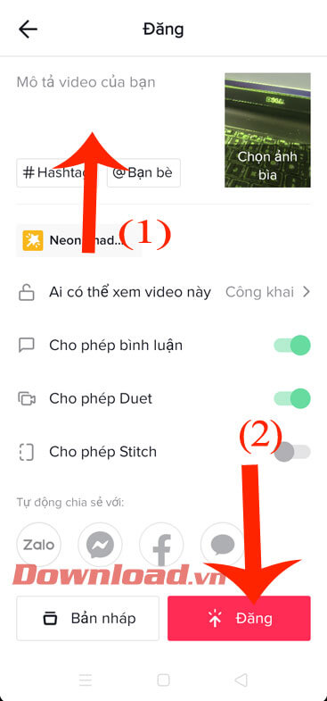 Viết caption cho video và ấn nút Đăng 