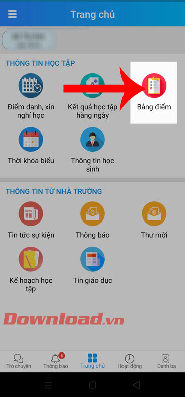 Ấn vào mục Bảng điểm
