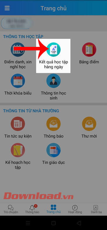 Nhấn vào mục Kết quả học tập hàng ngày
