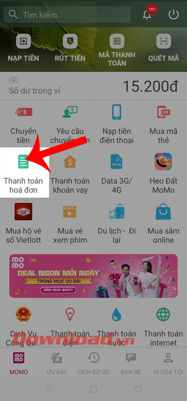 Nhấn vào mục Thanh toán hóa đơn