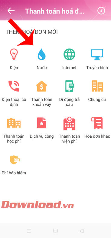Chọn loại hóa đơn cần thanh toán