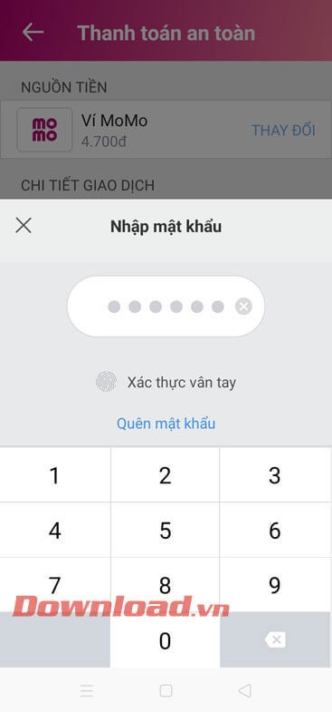 Nhập mật khẩu tài khoản MOMO