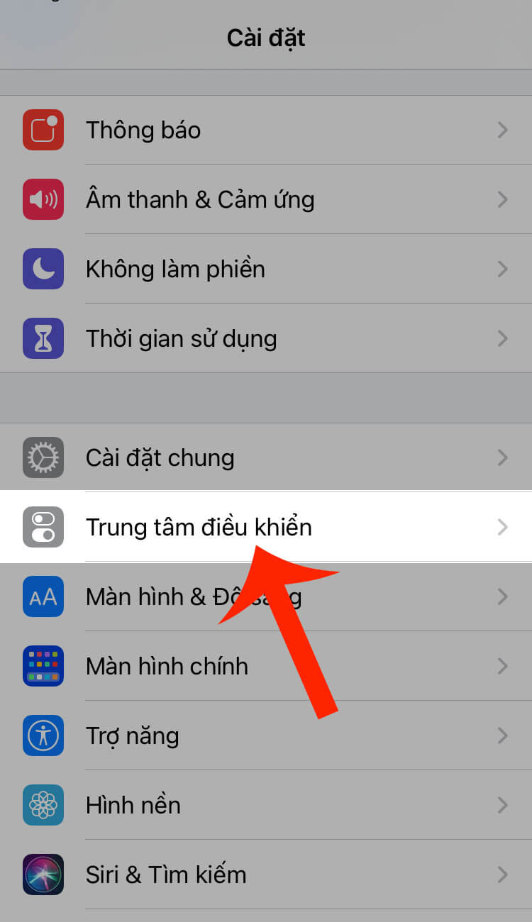 Nhấn vào mục Trung tâm điều khiển