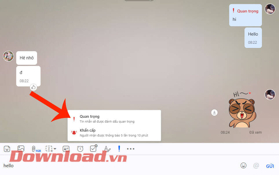 Ấn vào mục Khẩn cấp hoặc Quan trọng