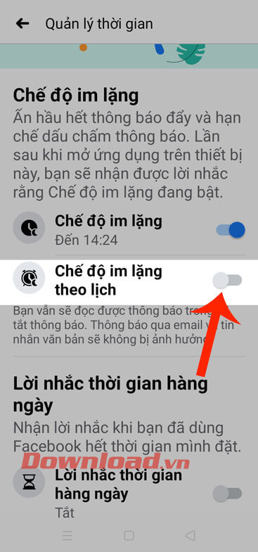 Gạt công tắt tại mục Chế độ im lặng theo lịch