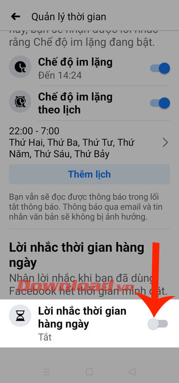 Bật công tắc tại mục Lời nhắc thời gian hàng ngày