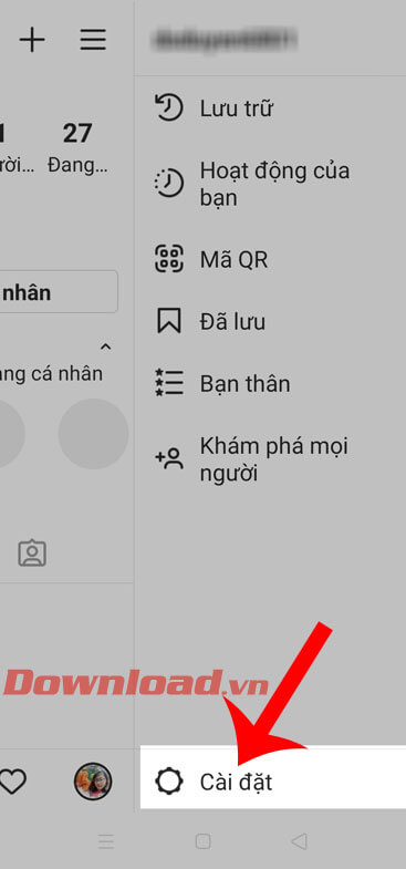 Ấn vào mục Cài đặt