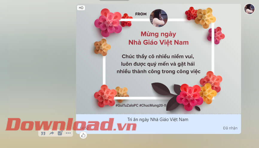 Đã gửi thiệp 20/11 trên Zalo