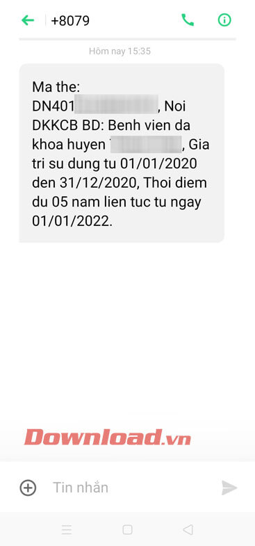 Tin nhắn về thông tin của thẻ BHYT