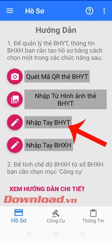 Nhấn vào mục Nhập tay BHYT