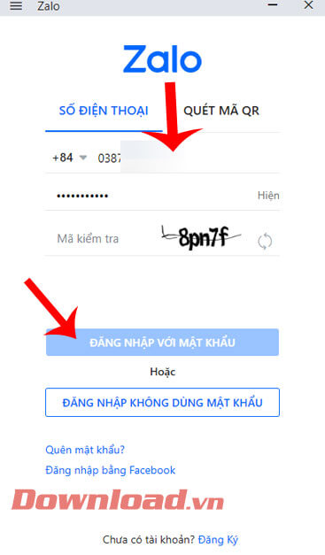 Đăng nhập Zalo với mật khẩu