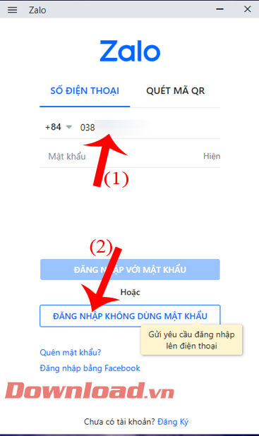 Nhập số điện thoại và ấn nút Đăng nhập không dùng mật khẩu