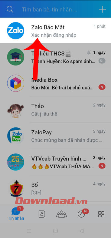 Nhấn vào phần tin nhắn Zalo bảo mật
