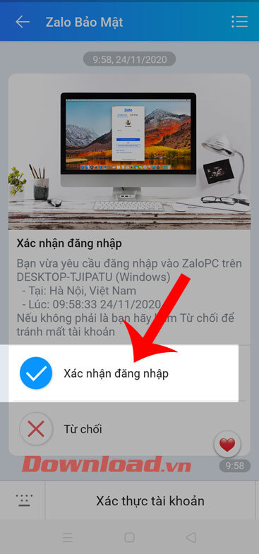 Chạm vào mục Xác nhận đăng nhập