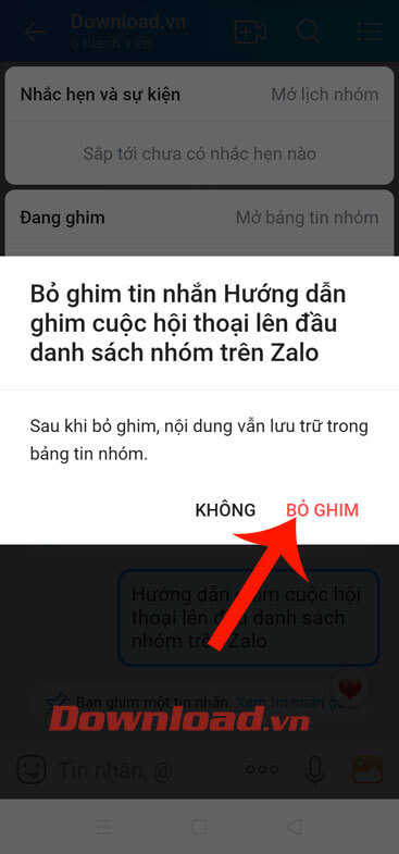 Ấn vào nút Bỏ ghim