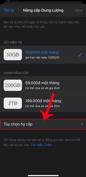 Nhấn vào mục Tùy chọn hạ cấp